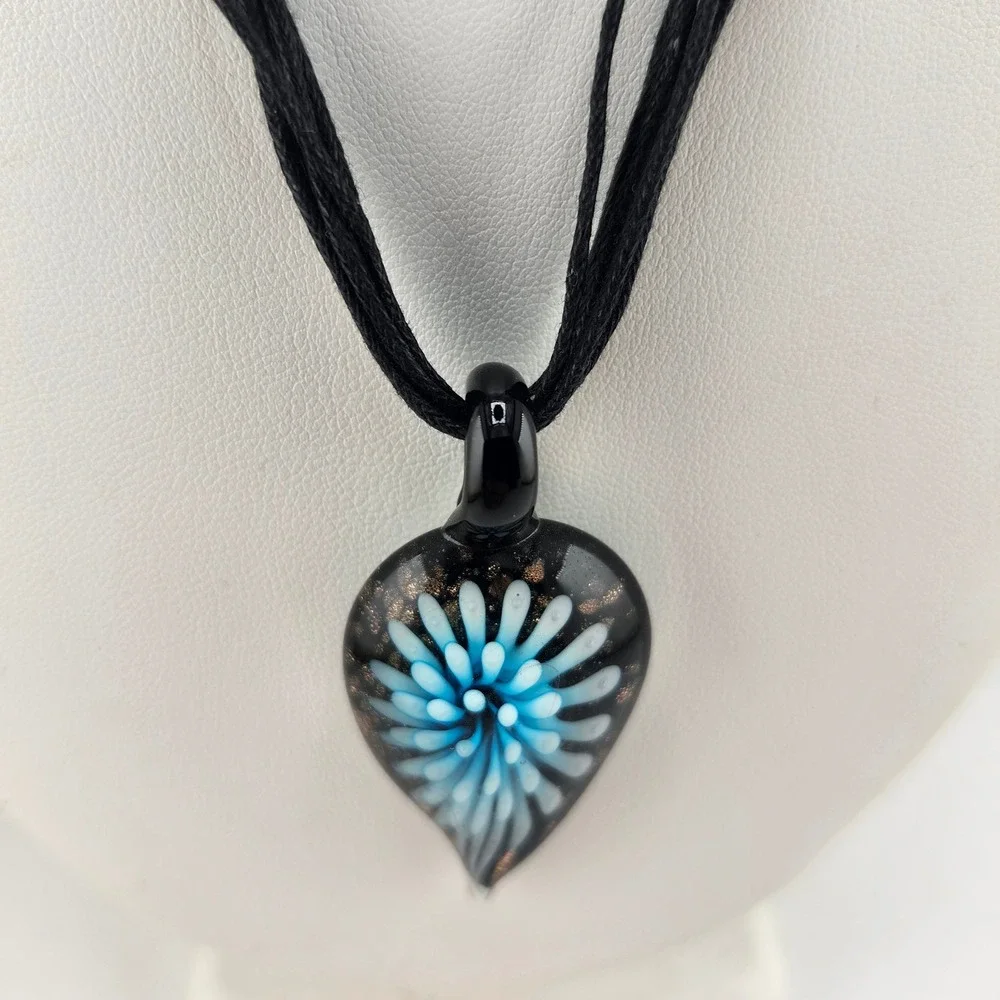 Handmade‎ Glass Pendant Necklace Blue Flower Black Cord
